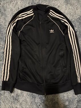 adidas Black Track Jacket with White Stripes and Trefoil